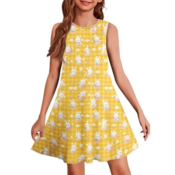 LTTVQM Girls Easter Dress Bunny Egg Graphic Cute Sleeveless Sundresses Casual Crewneck Midi Dress Lightweight Church Dresses Yellow 7-8 Years