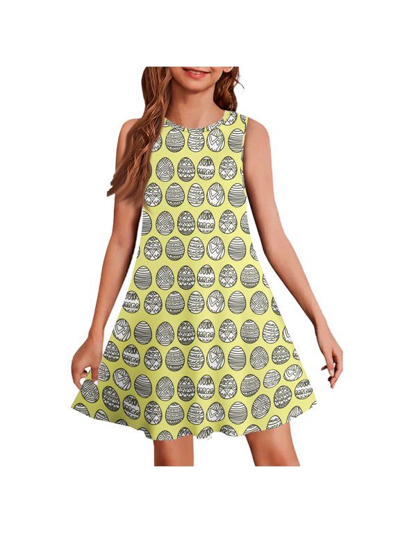 Girls Easter Dress Bunny Egg Graphic Happy Sleeveless Sundress Loose Fit Crew Neck Midi Dress Holiday Church Dresses Yellow 11-12 Years
