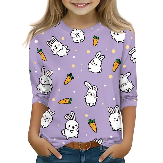 LTTVQM Girls Easter Tops 3/4 Sleeve Cute Rabbit Eggs Graphic Tshirts Comfortable Round Neck Blouses Fashion Outfits Light Purple 9-10 Years