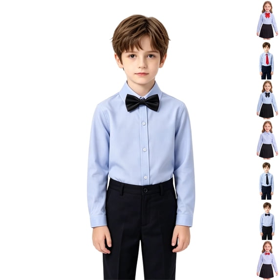 LTTVQM Girls Elegant Academic Light Blue Long Sleeve Blouse With Bow Tie Boys Necktie Shirt Kids Primary School Daily Outfit 5-6Years