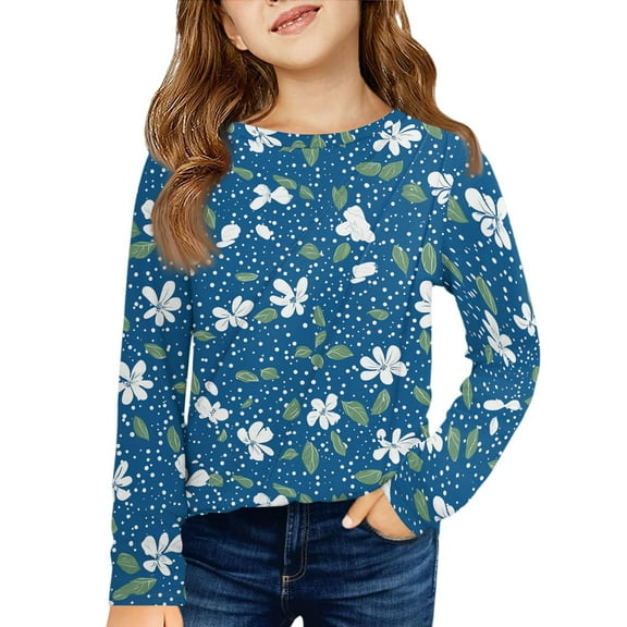 LTTVQM Girls Fall Shirts Size 5-6 Long Sleeve Casual Floral Graphic Tunic Tops Loose Fit Crew Neck Pullover Fashion Shirts Blue 5-6 Years