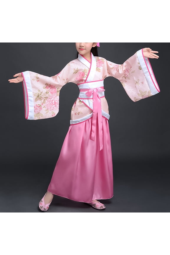 Girls Hanfu Traditional Chinese Costume Old Costumes with Midi Skirt Halloween Cosplay Fancy Dresses Japanese Kimono Festival Cosplay Performance Outfit Pink 9-10 Years