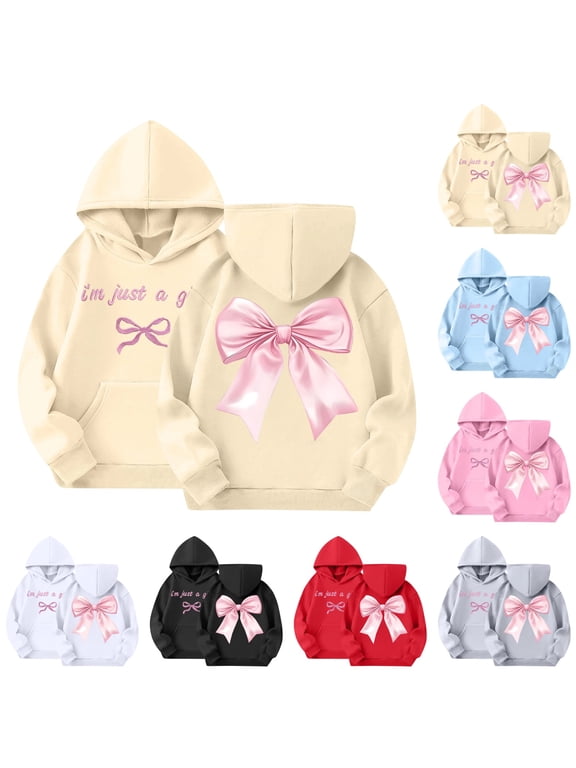 Girls Hoodie Cute Long Sleeve Causal Preppy Bow Graphic Hooded Sweatshirts Fall Fashion Soft Pullover with Pocket Beige 3-14 Years