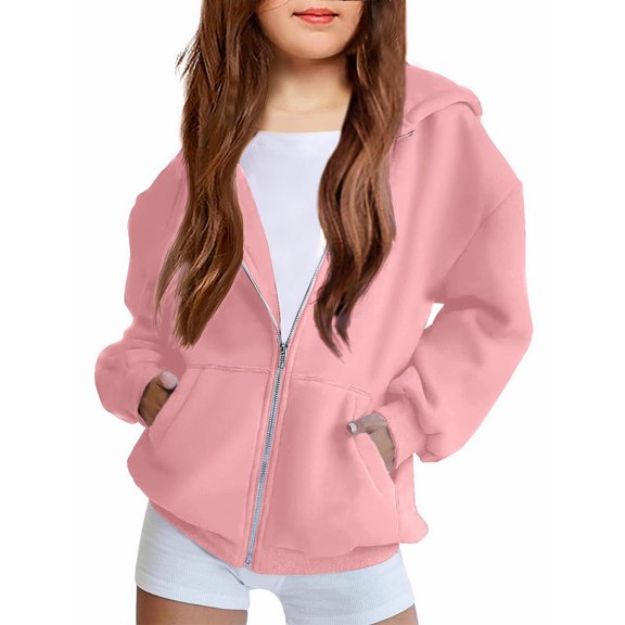 LTTVQM Girls Hoodies Zip Up Fleece Oversized Full-Zip Sweatshirts Jackets Fall Winter Trendy Long Sleeve Hoodie Soft Clothes with Pockets Pink 9-10 Years