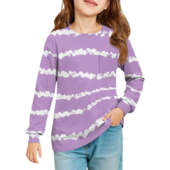 LTTVQM Girls Long Sleeve Shirts 3-4 Fall Winter Cute Striped Print Tee Casual Tops Trendy Clothes Crew Neck with Pocket Light Purple 3-4 Years