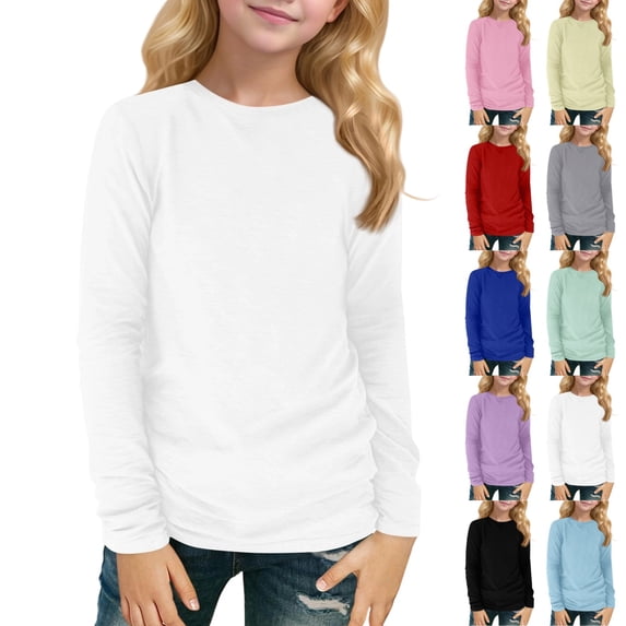 LTTVQM Girls Long Sleeve T Shirts Casual Solid Color Crewneck 2026 Fall Winter Fashion Tops Basic Tees 4-11 Years