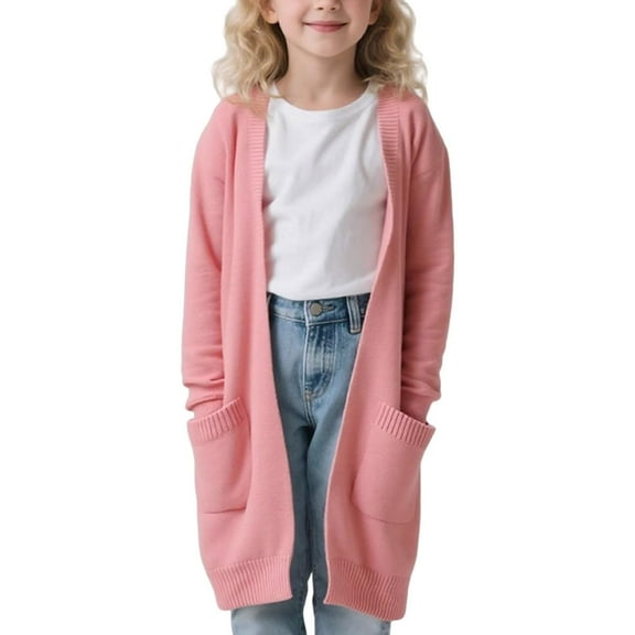 LTTVQM Girls Open Front Cardigan Long Sleeve Casual Fall Winter Loose Knit Sweaters Coat with Pockets Pink 5-6 Years