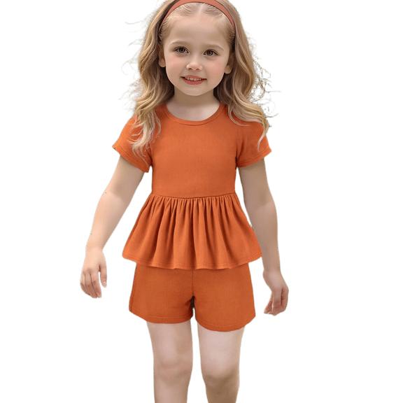 LTTVQM Girls Outfit Sets Summer 2 Piece Outfits Solid Color Cute Dress and Shorts Casual Outfit Kids Fashion Clothing Sets Brown Size 2-3 Years
