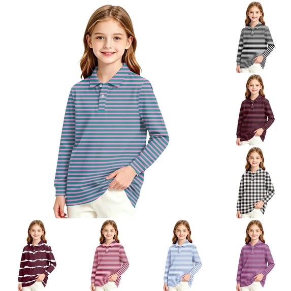 LTTVQM Girls Polo Shirt Casual Performance Striped Long Sleeve Quick Dry Button Collared School Uniform Shirts Relaxed Fit Cozy Trendy Blouse Pink 7-8 Year