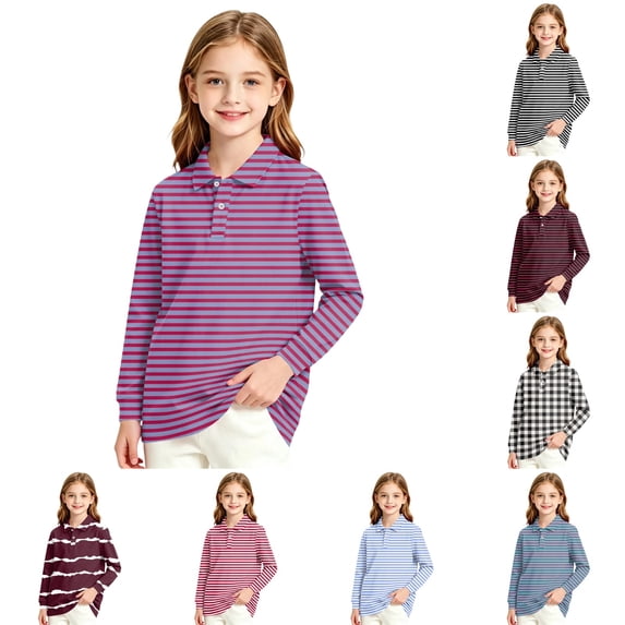LTTVQM Girls Polo Shirt Casual Performance Striped Long Sleeve Quick Dry Collared School Uniform Relaxed Fit Cozy Breathable Blouse Purple 5-6 Year