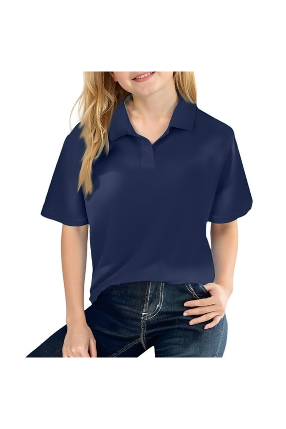 Girls Polo Uniform Shirts School Navy Short Sleeve Tops Casual Button Down Uniform Shirts 2025 New with Collar Golf Polo Shirts Athletic Blouse Navy 9-10 Years