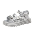 thumbnail image 1 of LTTVQM Girls Sandals Open Wide Toe Soft Sole Comfortable Pearl and Rhinestone Sandal with Adjustable Ankle Strap Summer Dress Casual Anti-Slip Walking Flat Shoes Silver 9 Toddler, 1 of 5