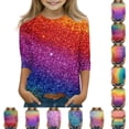 thumbnail image 1 of LTTVQM Girls Shirts 3/4 Sleeve Fall Fashion Rainbow Gradient Print Cute T Shirts Soft Round Neck Blouses Tween Girls Clothes 3-13 Years, 1 of 5