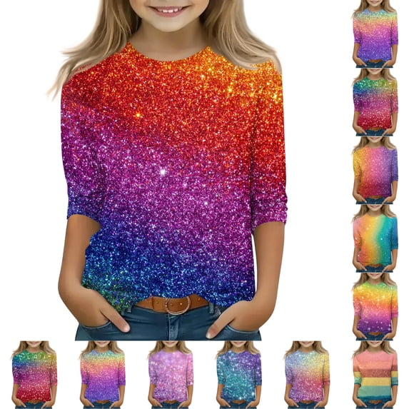 LTTVQM Girls Shirts 3/4 Sleeve Fall Fashion Rainbow Gradient Print Cute T Shirts Soft Round Neck Blouses Tween Girls Clothes 3-13 Years