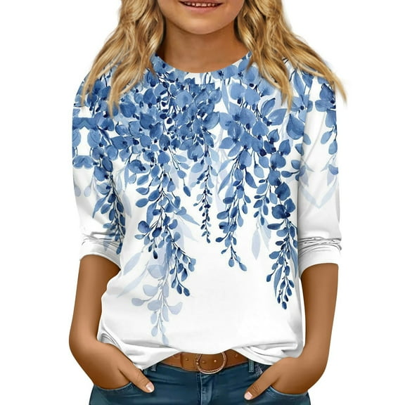 LTTVQM Girls Shirts 3/4 Sleeve Size 12-13 Fall Trendy Floral Graphic Cute T Shirts Basic Round Neck Blouses Tween Girls Clothes Light Blue 12-13 Years