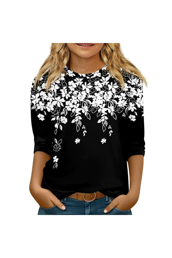 Girls 3/4 Length Sleeve Tops 10-11 Fall Trendy Floral Print Cute T Shirts Basic Crewneck Blouses Tween Girls Clothes Black 10-11 Years