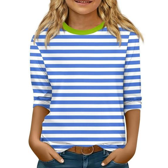 LTTVQM Girls T Shirts 3/4 Sleeve Size 5-6 Cute Striped Print Tops Soft Crew Neck Blouse Tween Girls Winter Trendy Clothes Light Blue 5-6 Years