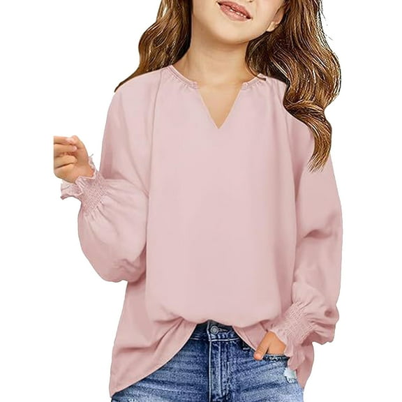 LTTVQM Girls Shirts Long Sleeve Cute Chiffon Tunic Tops Holiday V Neck Blouse Trendy T-Shirts Pink 7-8 Years