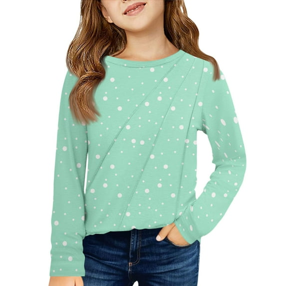 LTTVQM Girls Shirts Size 9-10 Long Sleeve Casual Fall Polka Dots Graphic Tunic Tops Basic Crew Neck Blouses Soft T-Shirts Mint Green 9-10 Years