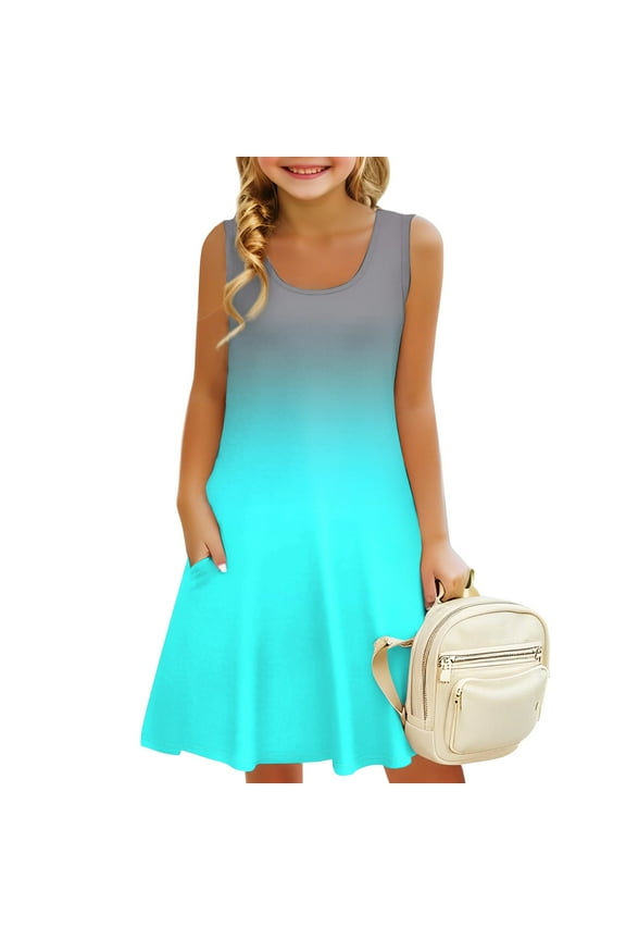 Girls Summer Dresses Size 7-8 Sleeveless Gradient Sundress Cute Round Neck Tank Dresses Holiday Cover Up Dress with Pockets Sky Blue 7-8
