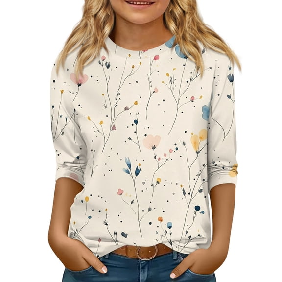 LTTVQM Girls T Shirts 3/4 Sleeve Size 4-5 Casual Floral Print Tops Vacation Crew Neck Blouses Tween Girls Fall Fashion Tops Beige 4-5 Years