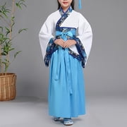 LTTVQM Girls Traditional Chinese Hanfu Dress with Midi Skirt Festival Cosplay Fancy Dress Japanese Kimono Halloween Cosplay Performance Outfit Blue 11-12 Years