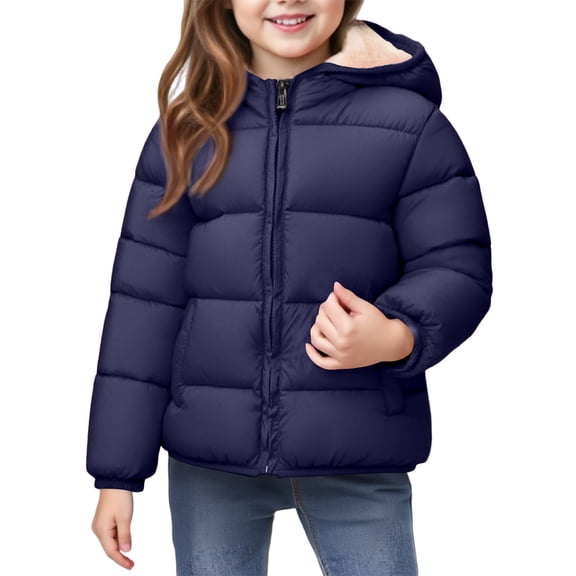 LTTVQM Girls Winter Fleece Coat Kids Puffer Jacket Boys Warm Long Outerwear Toddler Lightweight Down Coats Navy 7-8 Years