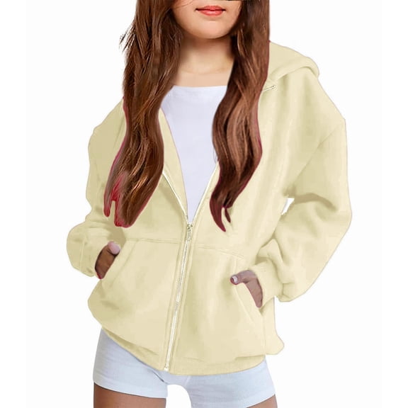 LTTVQM Girls Zip Up Hoodie Fleece Oversized Full-Zip Sweatshirts Jackets Fall Trendy Long Sleeve Hoodie Preppy Clothes with Pockets Beige 12-13 Years