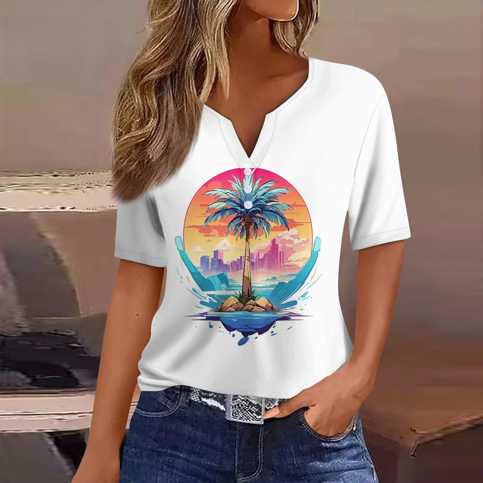 LTTVQM Going Out Tops for Women Button V Neck Short Sleeve Tshirts ...