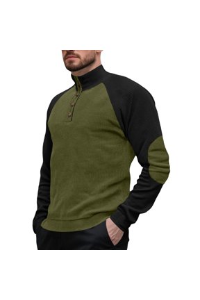 Half Button Mock Neck Corduroy Color Block Pullover for Men Raglan Elbow Patch Relaxed Fit Long Sleeve Casual Henley Shirt Army Green XL