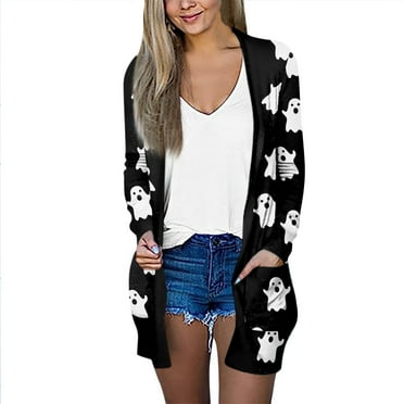 LTTVQM Halloween Cardigan for Women Fall Ghost Print Casual Open Front Knitted Costumes Comfy Long Sleeve Cardigan Tops Fashion Sweaters Coat with Pockets Black 3XL