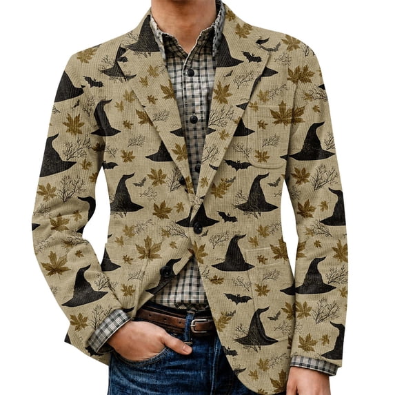 LTTVQM Halloween Daily Versatile Corduroy Blazer Jacket Men Notched Lapel Double Pocket Warm Soft Single Button Sport Suit Street Business Outerwear Khaki M