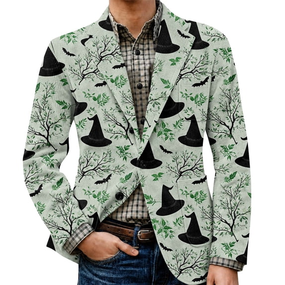 LTTVQM Halloween Holiday Event Men Daily Corduroy Blazer Warm Thick Fabric Side Pockets Single Button Notched Lapel Sport Suit Casual Outer Coat Mint Green L