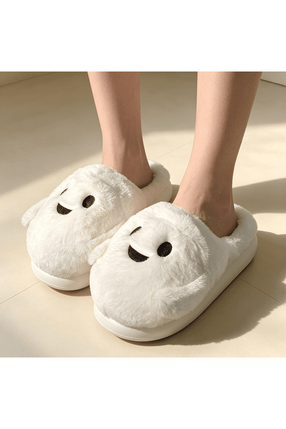 Halloween House Slippers for Women Warm Cozy Happy Cute Ghost Plush Closed Toe Slippers Indoor Outdoor Platform Non-Slip Home Holiday Walking Shoes White 36-37(US-5.5-6.5)