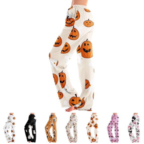 LTTVQM Halloween Pajama Pants for Women Spooky Ghost Bat Pattern Pull‑On Soft Cozy Straight Leg Sleepwear Relaxed Fit Pj Bottoms Lounge Pants