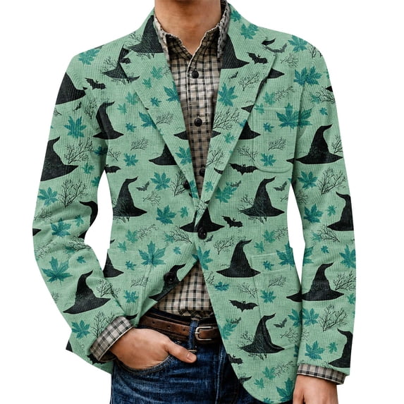 LTTVQM Halloween Party Men Classic Lapel Corduroy Jacket Warm Textured Side Pockets Long Sleeve Single Button Sport Blazer Office Daily Versatile Outerwear Green XL