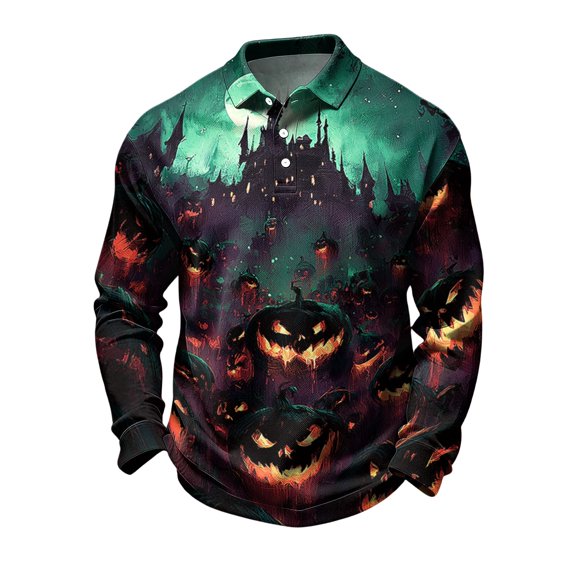 LTTVQM Halloween Polo Shirts Loose Fit Wrinkle Resistant Haunted Castle Print Mens Long Sleeve Collared Casual Athletic Holiday Autumn Party Tops Dark Gray 2XL