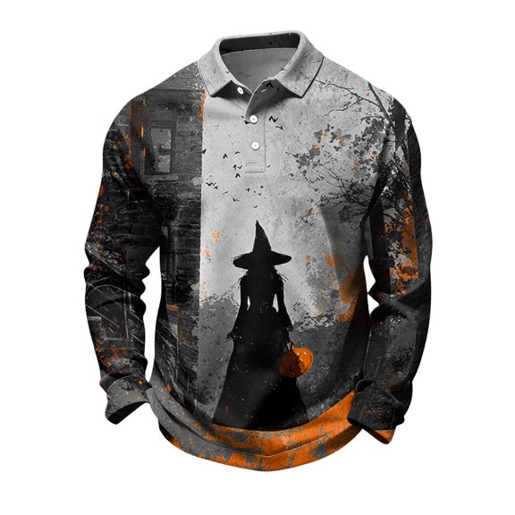 LTTVQM Halloween Polo Shirts Regular Fit Breathable Ghost Print Mens Long Sleeve Collared Casual Athletic Holiday Autumn Tops Gray S