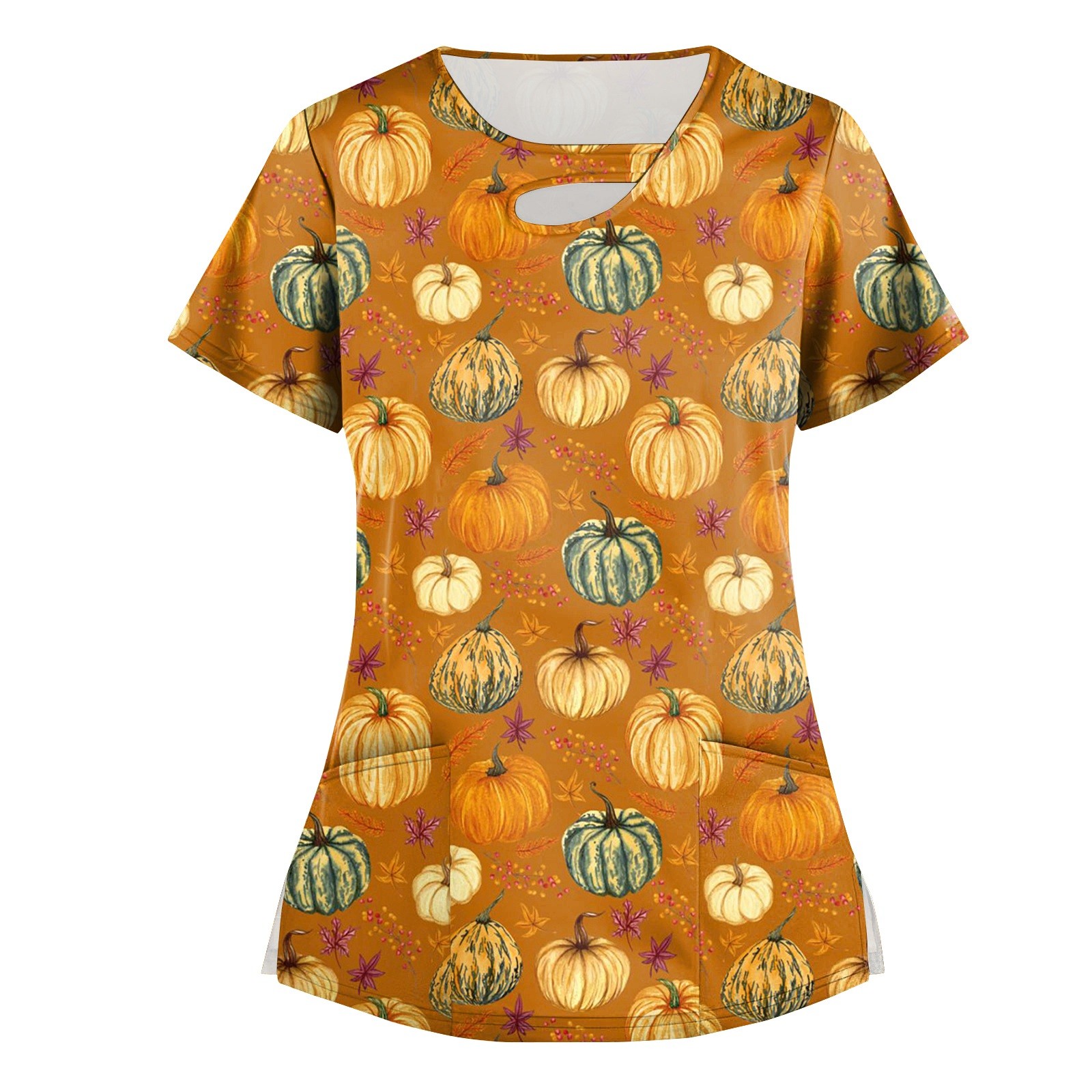 LTTVQM Halloween Scrub Tops Women Set Halloween Cute Pumpkin Face Print Tops Cut Out Crew Neck