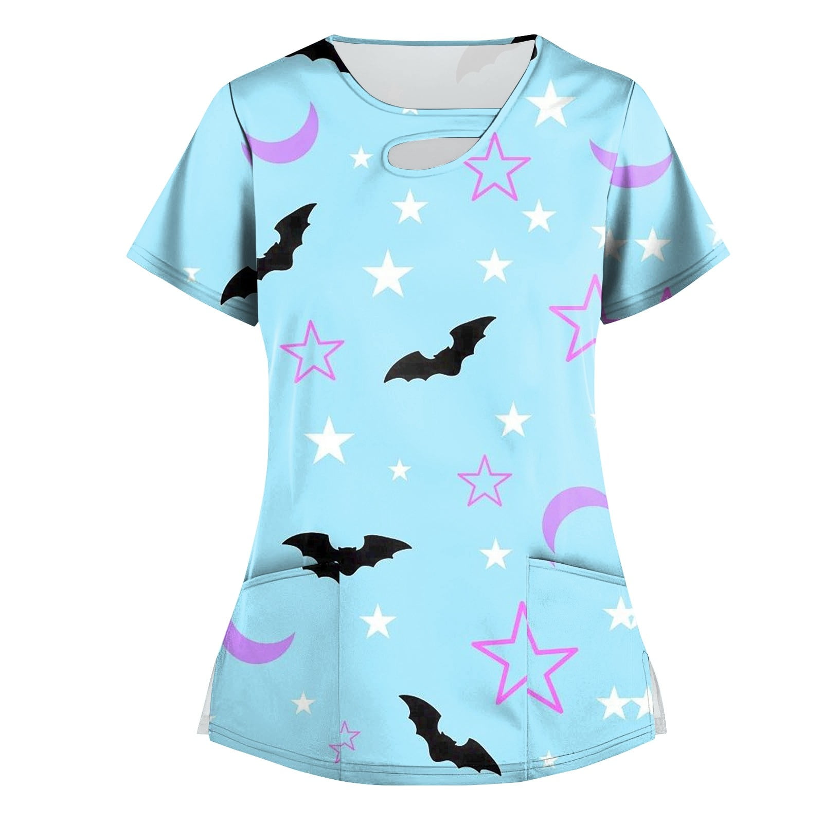 LTTVQM Halloween Scrub Tops Women Stretch Short Sleeve Cut Out Crew