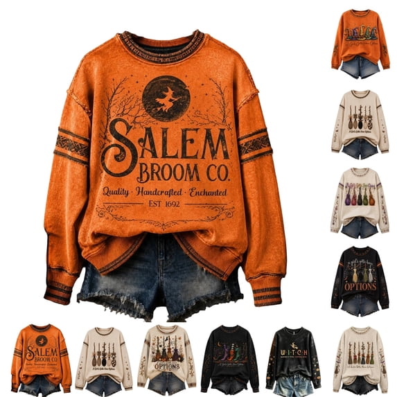 LTTVQM Halloween Sweatshirt for Women Spooky Witch Salem Moonlight Graphic Oversized Long Sleeve Airy Fabric For Halloween Cosplay Weekend Wear Shirts
