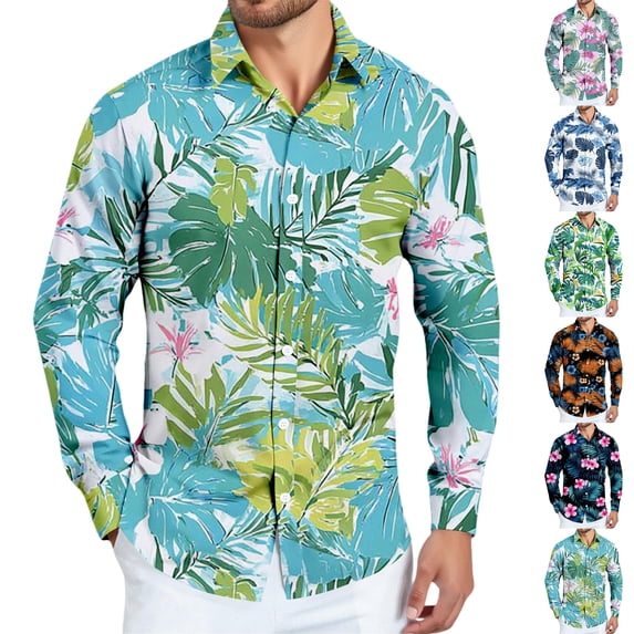 LTTVQM Hawaiian Shirt for Men Casual Long Sleeve Button Down Shirt Loose Fit Collared Beach Shirts 2026 Spring Summer Tops Fluorescent Green 3XL