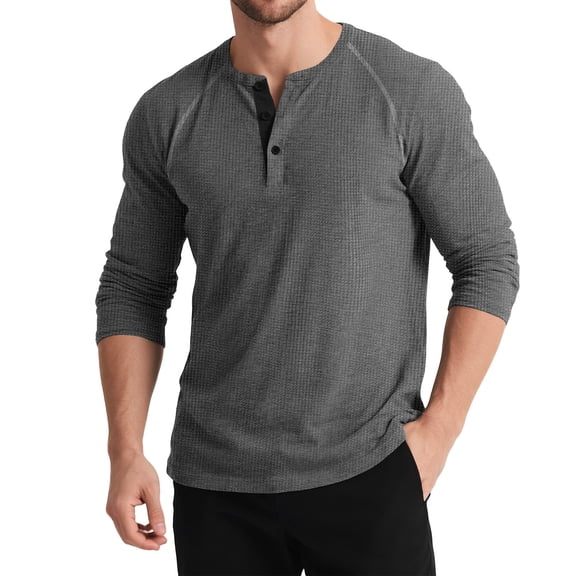 LTTVQM Henley Collar Long Sleeve T Shirt for Men Spring Autumn Solid Color Casual Simple Henry T Shirts Dark Gray L