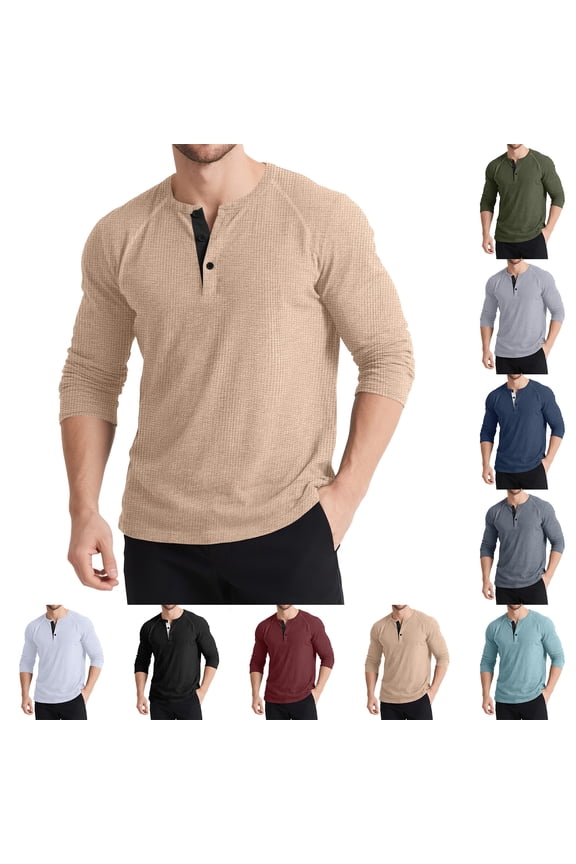 Henley Collar Long Sleeve T Shirt for Men Spring Autumn Solid Color Casual Simple Henry T Shirts Khaki L