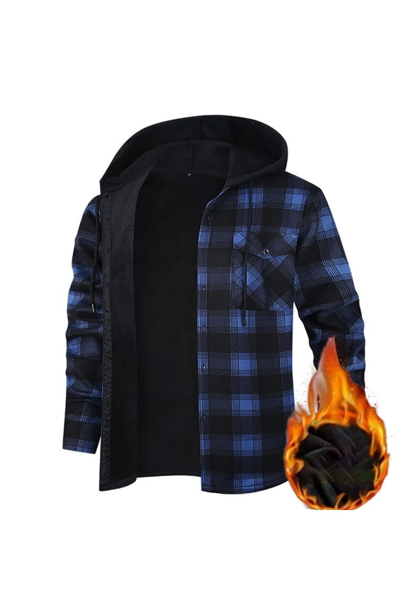 Hooded Flannel Shirt for Men Casual Button Down Plaid Shirt Jaket Fashion Cotton Long Sleeve Hoodie with Pocket Dark Blue S