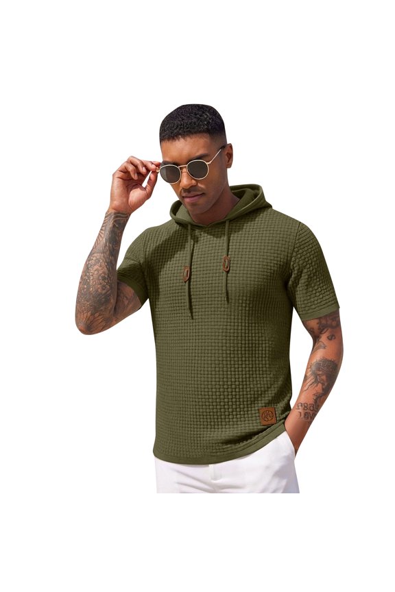 Hooded Sweatshirt for Men Short Sleeve 2026 Summer Spring Waffle Knit Hoodie Drawstring Knitted Pullover Sweater Army Green XL