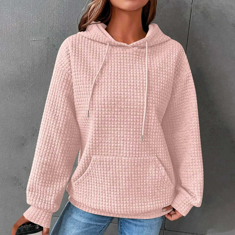 Women's Waffle Knit Hoodies Sweatshirt Solid Color Casual Long Sleeve  Drawstring Hooded Pullover Tops with Pocket