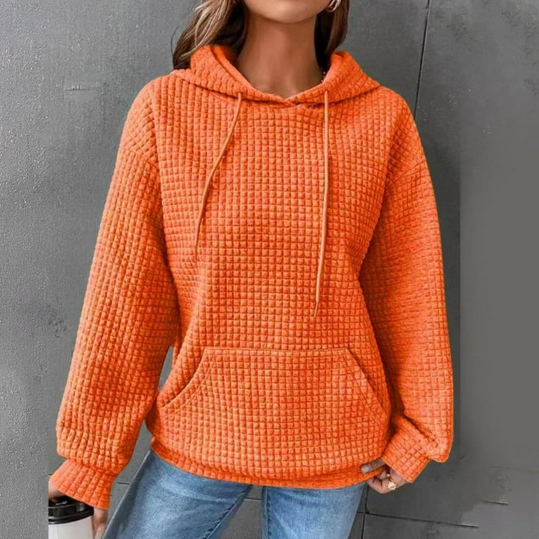 LTTVQM Hoodie for Women Waffle Hooded Sweatshirt Solid Color Waffle Knit Long  Sleeve Sweatshirts Drawstring Pullover Pockets Tops Orange 2XL 