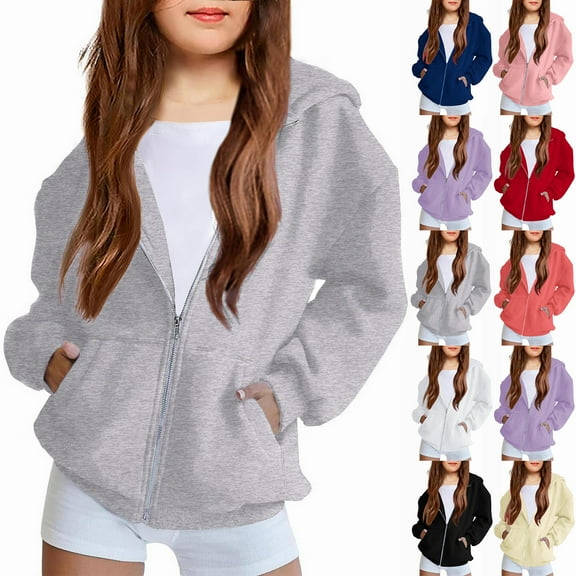 LTTVQM Hoodies for Girls Zip Up Fleece Casual Full-Zip Sweatshirts Jackets Winter Fashion Long Sleeve Hoodie Soft Outfits with Pockets Gray 11-12 Years