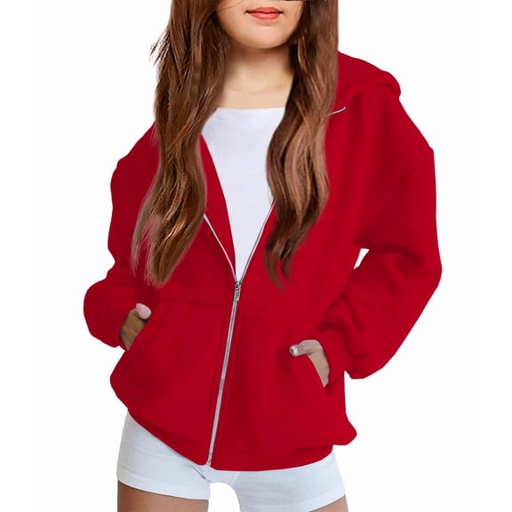 LTTVQM Hoodies for Girls Zip Up Fleece Oversized Full-Zip Sweatshirt Jacket Fall Trendy Long Sleeve Hoodie Y2k Clothes with Pockets Red 7-8 Years